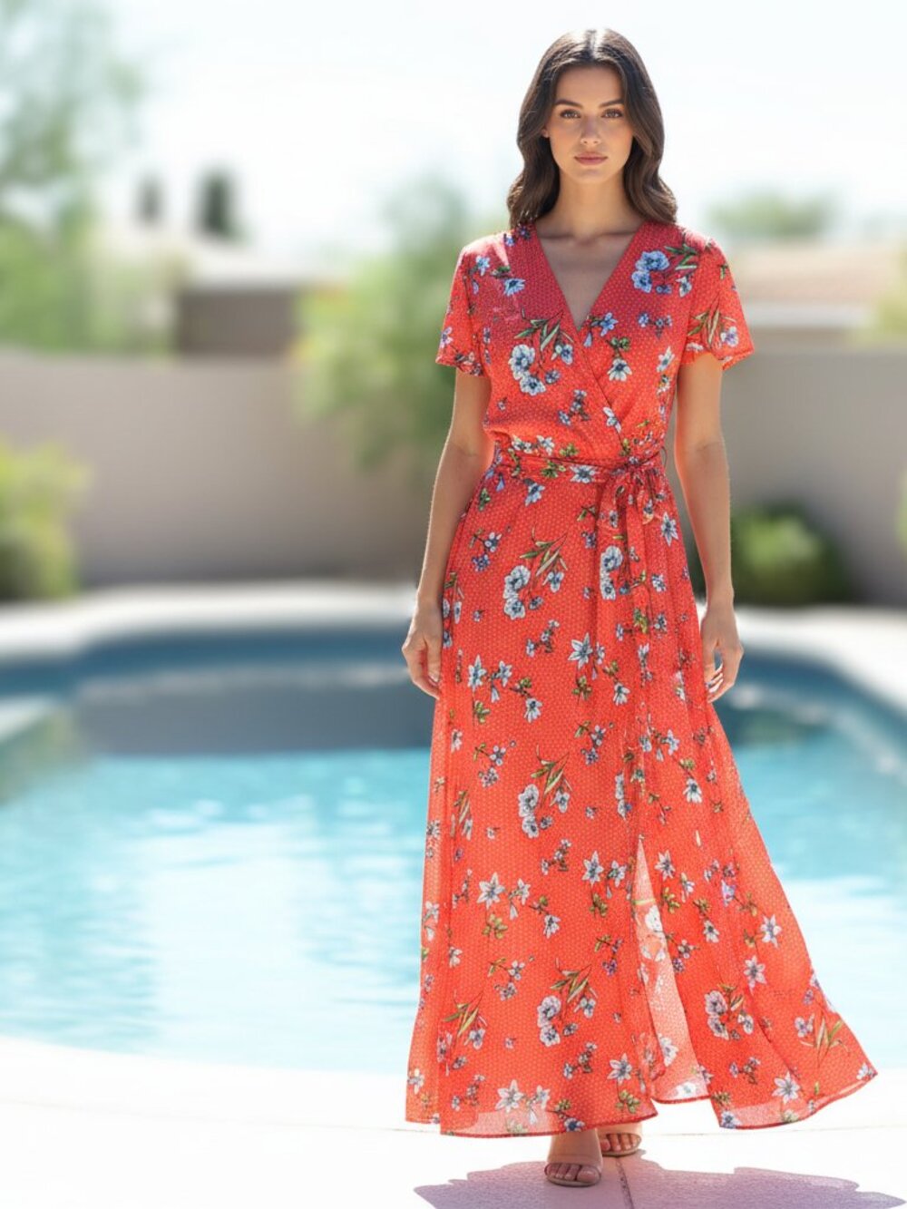 FRAICHE By L Dress Cap Sleeves Floral Long Belt Split Front BIN 4